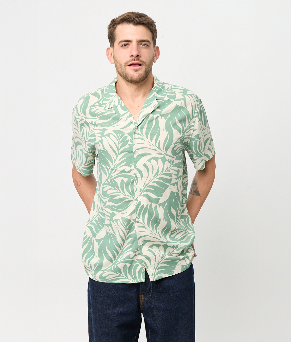 Camisa Bowling Estampada Palma Verde